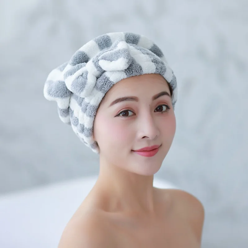 

Elastic Hair Drying Cap With Bows Thickening Coral Fleece Cute Absorbent Hair Wrap Towel Shower Hat For Curly Home Bathroom Tool