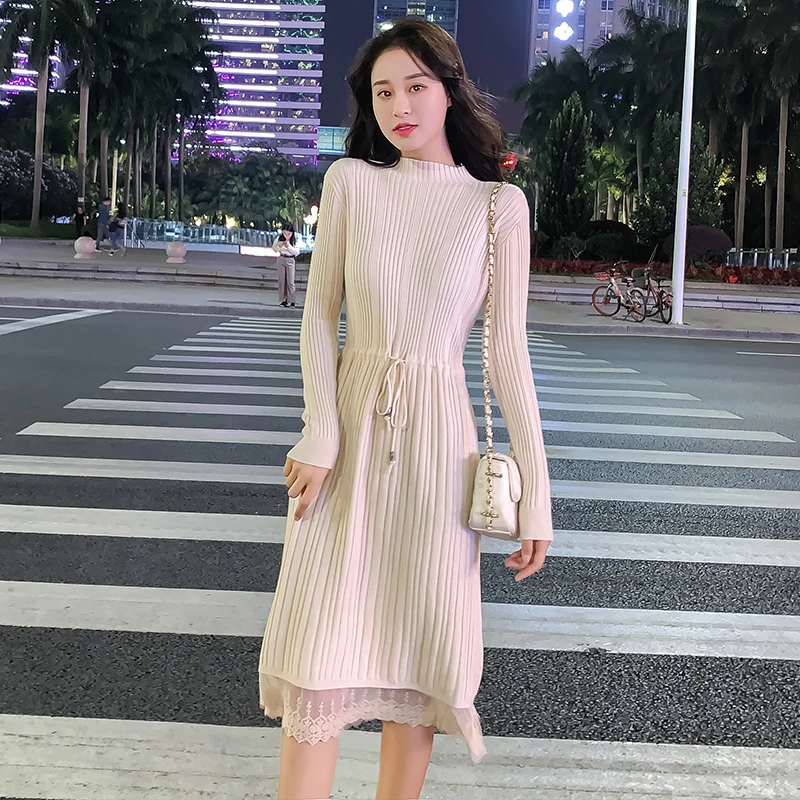 Женское платье белое черное осенне зимнее размера плюс женское длинное Круглый