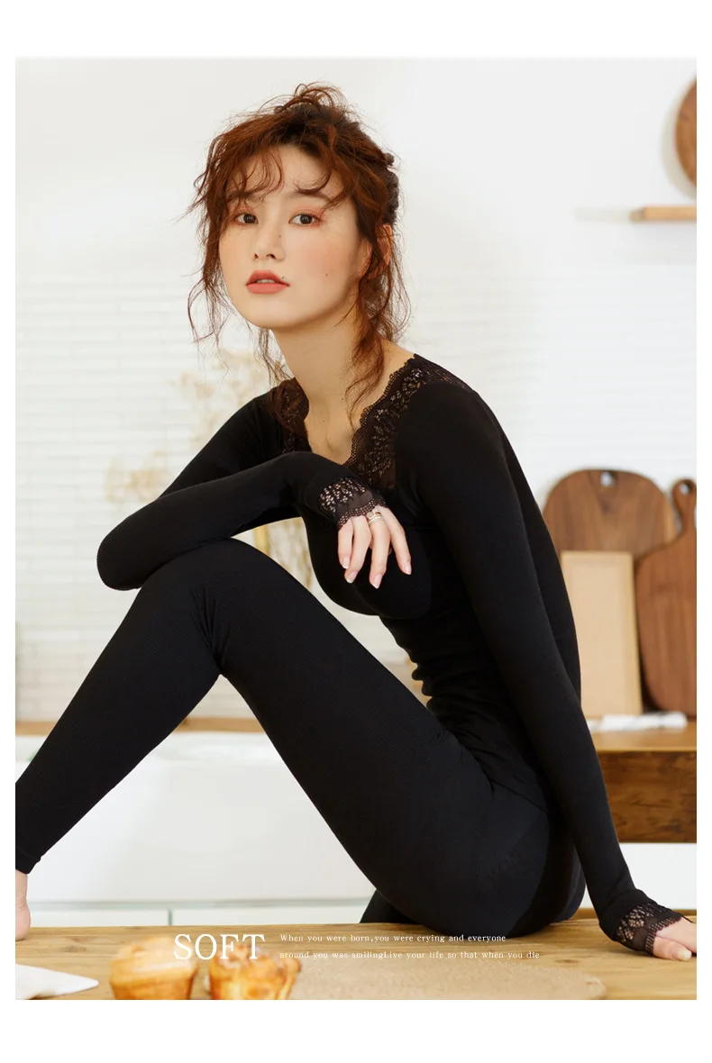 Новые сексуальные кружевные кальсоны с v-образным вырезом для тела, женские тонкие комплекты термобелья, осенне-зимние теплые пижамы, Пижамный костюм