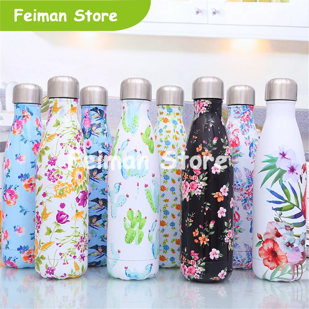 Фламинго с цветочным принтом бутылка для воды BPA бесплатно Нержавеющая сталь
