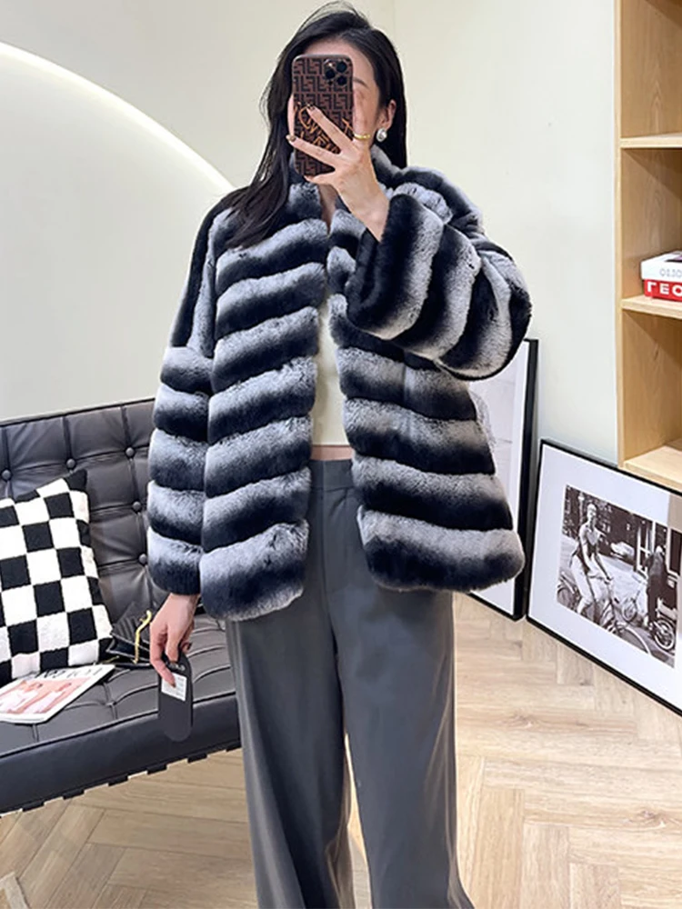 

Women Winter Classical Warm Soft Real Natural Real Rex Rabbit Fur V-Neck Leisure Rex Rabbit Fur Overcoat