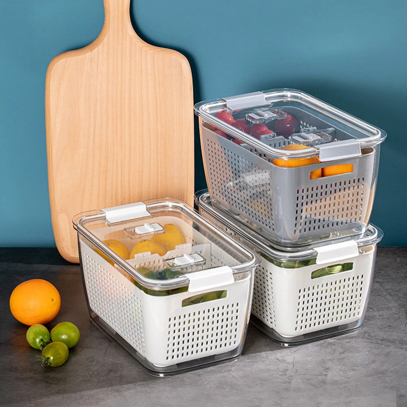 

Plastic Double Sealed Drain Storage Box Refrigerator Fruit Vegetable Drain Storage Containers With Lid Kitchen Fridge Organizer