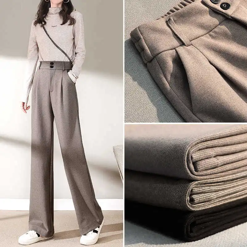 

FAKUNTN straight trousers Winter Woolen wide-leg pants Thick women's autumn and winter Korean style pants high waist drape
