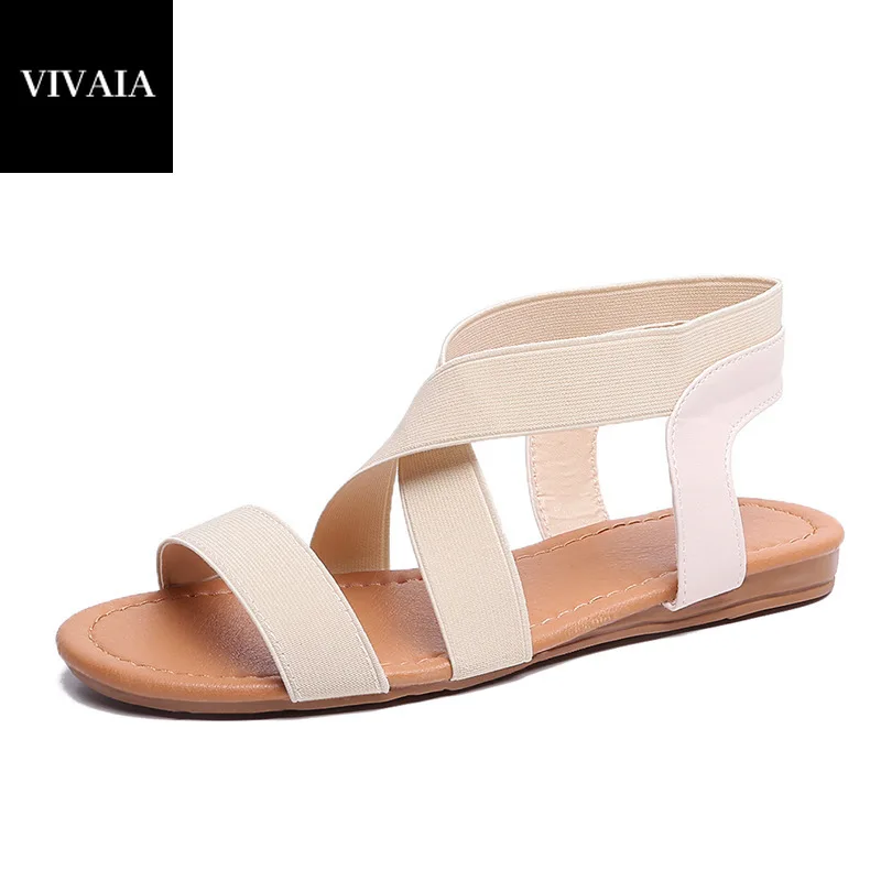 

2021 VIVAIA Women's Flat Roman Shoes Fish Mouth Elastic Belt Cross Plus Size Sandals Summer Corss-tied Solid Rome Sandals