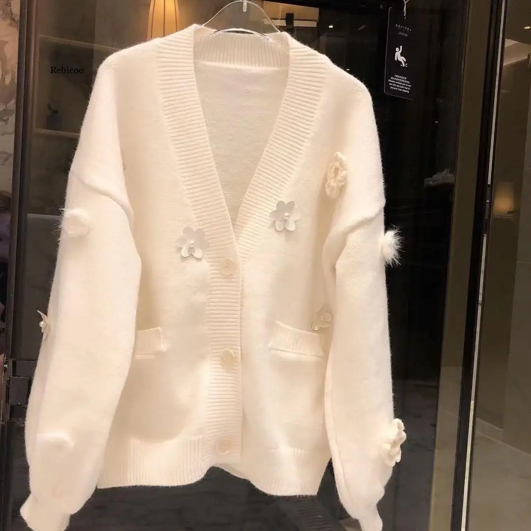 

Sweet Single Breasted V Neck white flower Cardigan women 2021 autumn winter oversized Knitted Sweater Jumper Top Jacket Coat