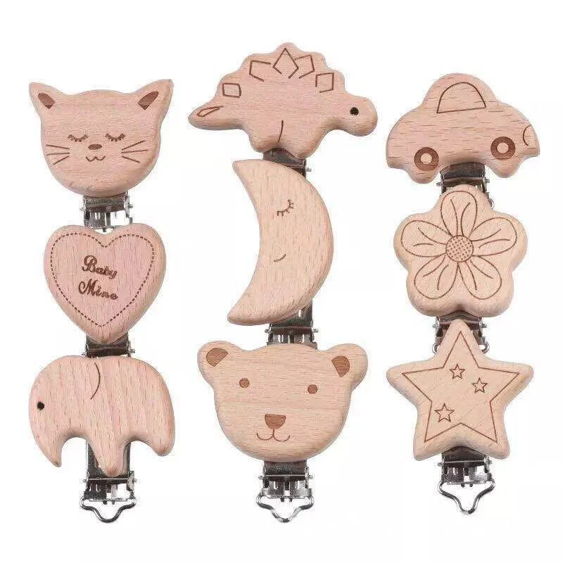 

5pcs Beech Wood Pacifier Clip 24 Style Wooden Animal Pacifier Metal Clips Holder Baby Teether Nipple Chain Accessories
