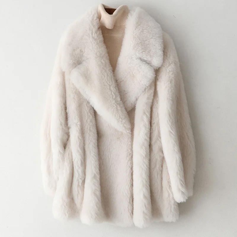 Роскошное зимнее толстое теплое Женское пальто из натурального меха, белое шерстяное пальто с карманами, высокое качество, можно носить с о...