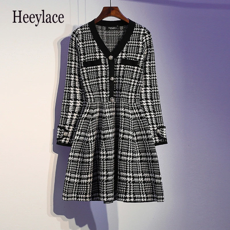 Зимнее платье размера плюс из плотного твида женское осеннее винтажное