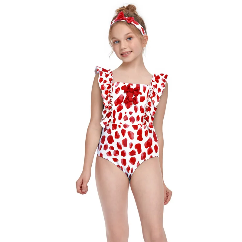 

2021 New Kid Girls One-Piece Dots Printed Swimsuit Square Neck Ruffle Fly Sleeve Bowknot Bodysuit Swimwear