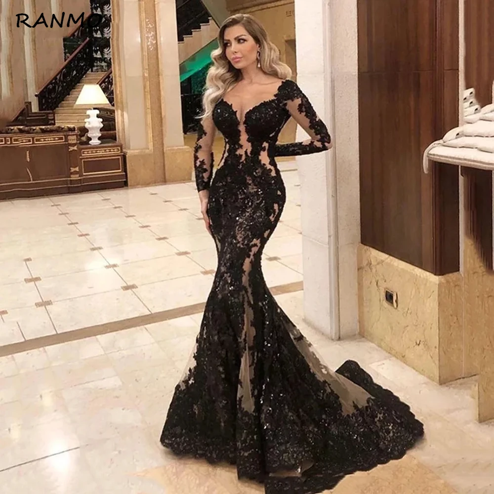 

Long Sleeves Sexy V-Neck Black Evening Dresses 2021 New Party Night Robe De Soiree Elegant Long Sleeves Vestidos Prom Lace Gowns
