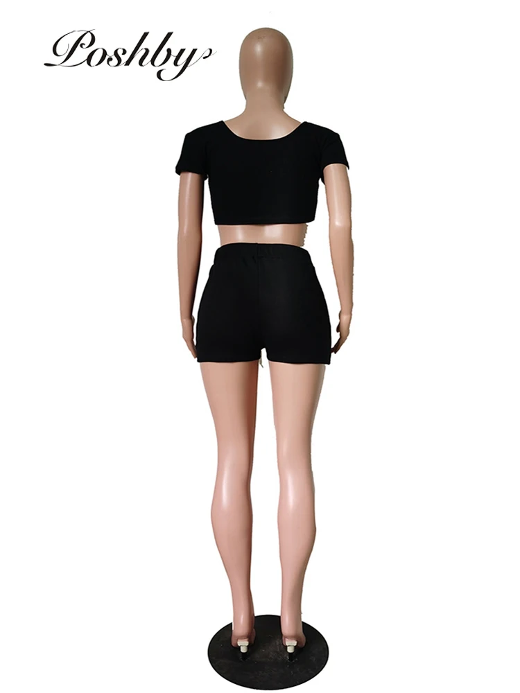 

Poshby Ribbed Sporty Two Piece Sets Women's Solid Short Sleeve Cropped Tops Shorts Matching Suit Casual Girl Fitness Tracksuits