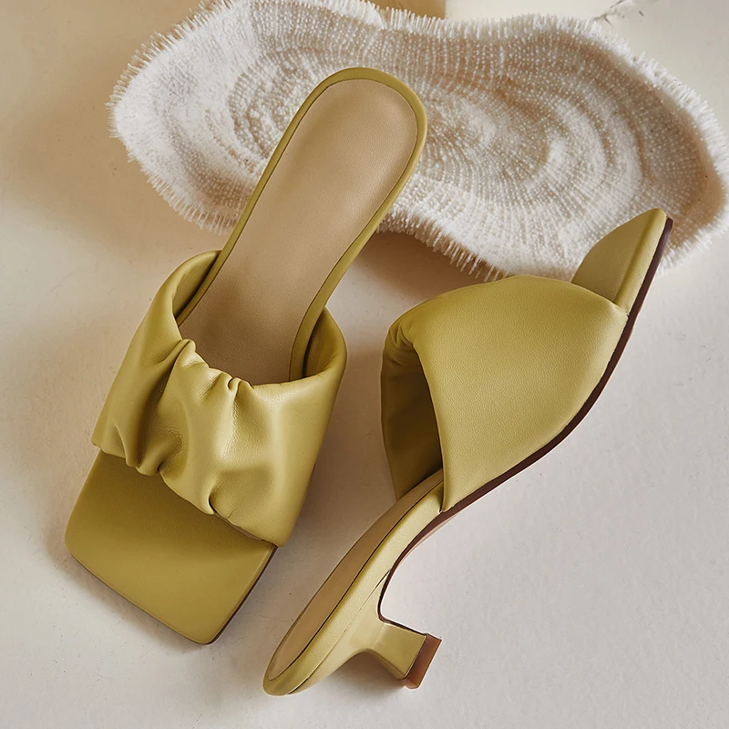 

Genuine leather Mules Spring Summer Wedding Prom Shoes Woman Pleated thin High Heels ladies slippers beige green pink yellow