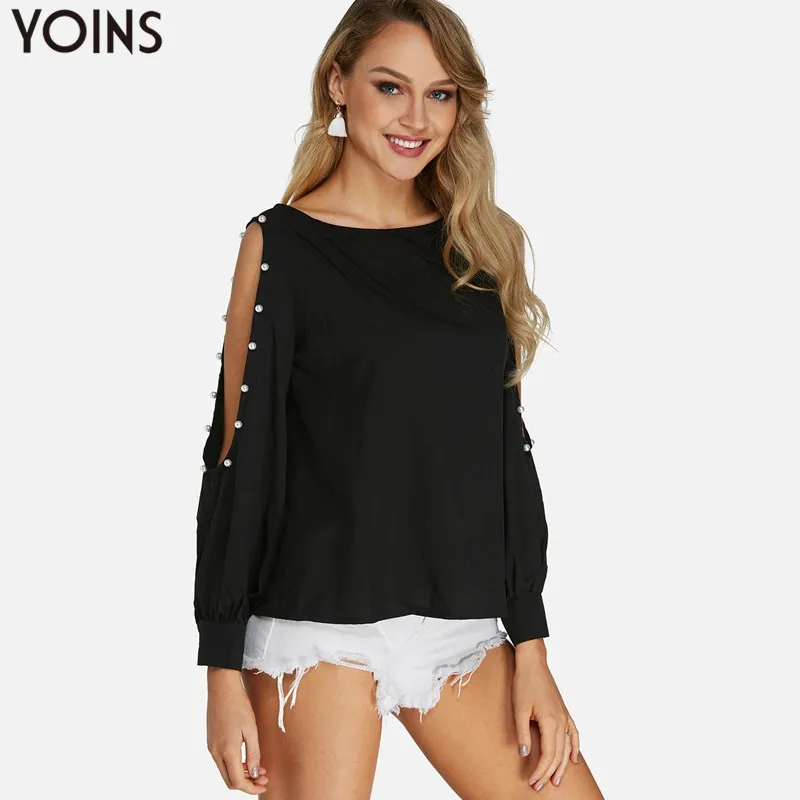 YOINS сексуальный топ с открытыми плечами 2020 блузки рубашки круглым вырезом