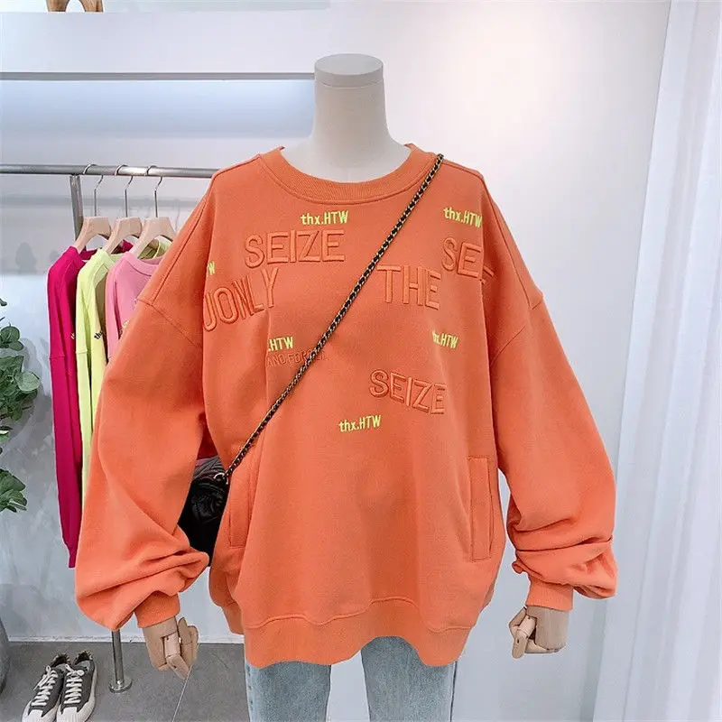 

Pullover spring and autumn thin section 2021 new Korean loose letter embroidery all-match jacket hooded round neck sweatshirt