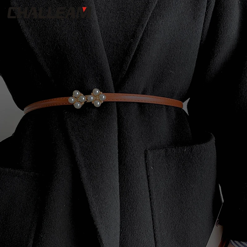 

Ladies belt PU leather thin belt with pearl buckle tight adjustment matching belt dress Ladies belt decorated pants 157