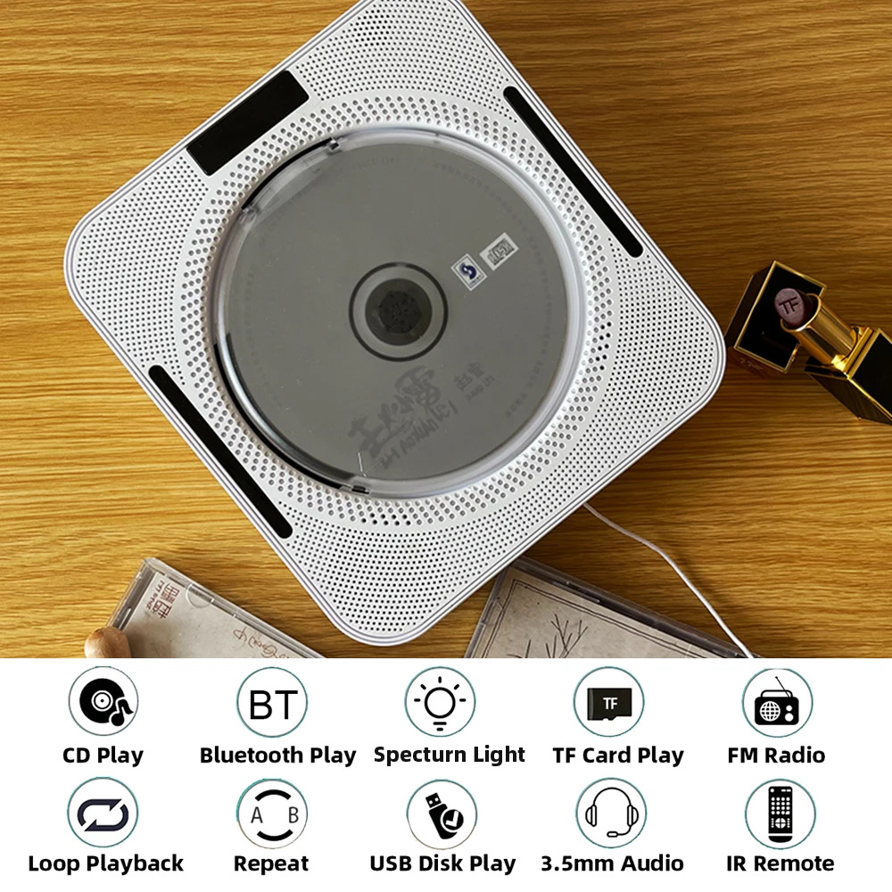 

Portable CD Player Wall Mountable CD Music Player Bluetooth Remote Control FM Radio HiFi Speaker with USB 3.5mm LED Screen