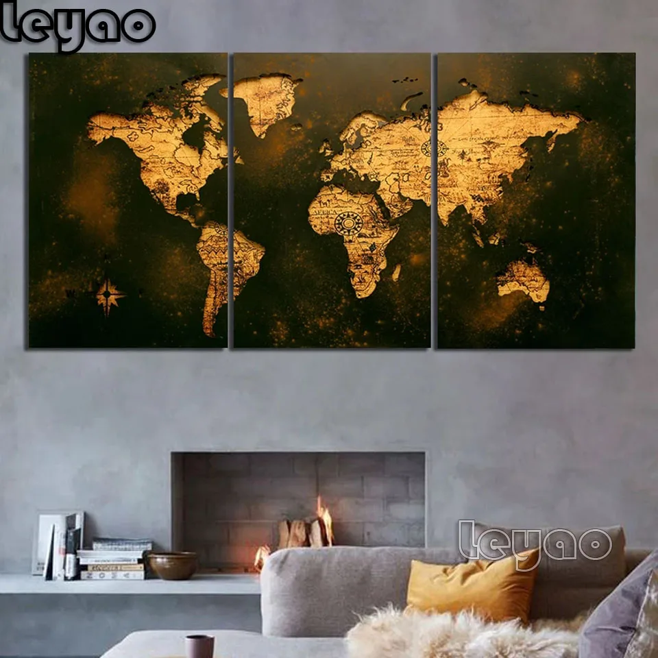 

3 шт. винтажная Золотая карта мира, картина, алмазная живопись, вышивка крестиком, Современная Триптих, алмазная вышивка, мозаика, картина, де...