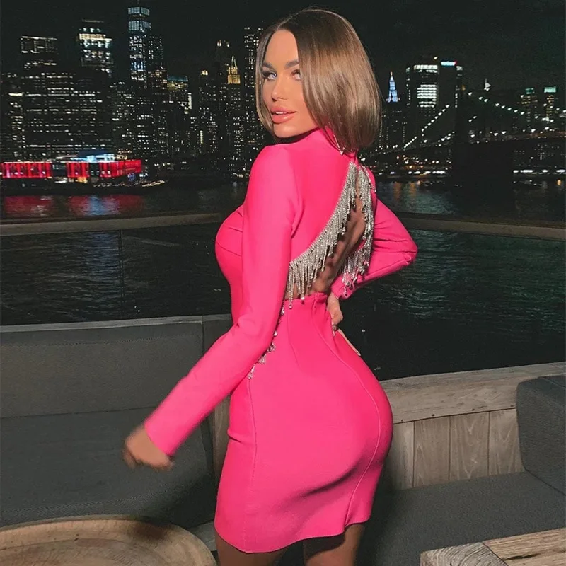 

robe femme 2021 summer Backless Long Sleeve Beaded Sexy Women mini Dress elegant black pink Pullover womens dresses vestidos