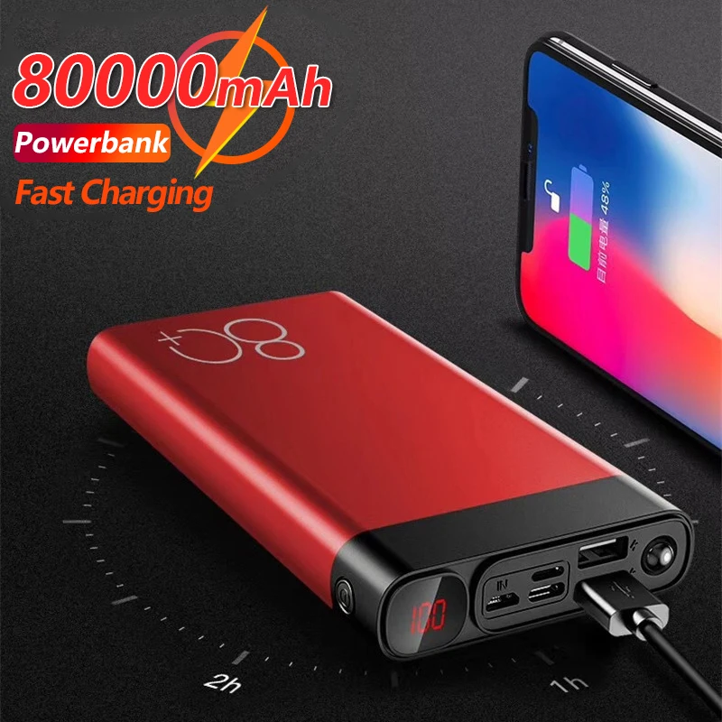 

80000mAh Mobile Power Bank with Flashlight Large Capacity Portable External Fast Rechargeable Battery for IPhone Xiaomi Huawei