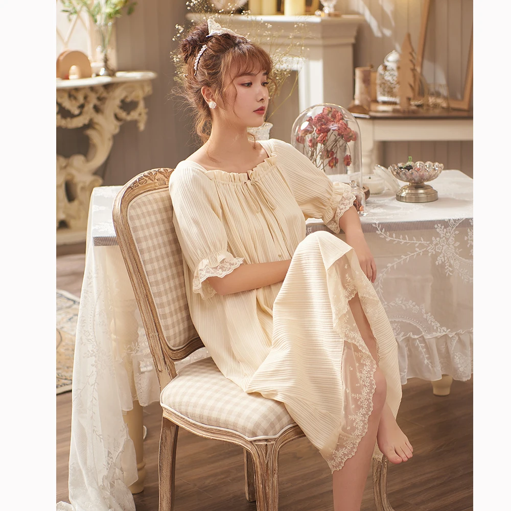 

Women Girls Vintage Summer Sleepwear Cotton Pijama Mujer 2021 Japan Kawaii Dress Bowknot Cute Loose Nightwear Sweet Pajamas Suit