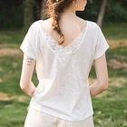 Кружевная футболка с открытой спиной 2022, женская летняя одежда, сексуальная Элегантная футболка с коротким рукавом и V-образным вырезом, женская модная футболка, топ
