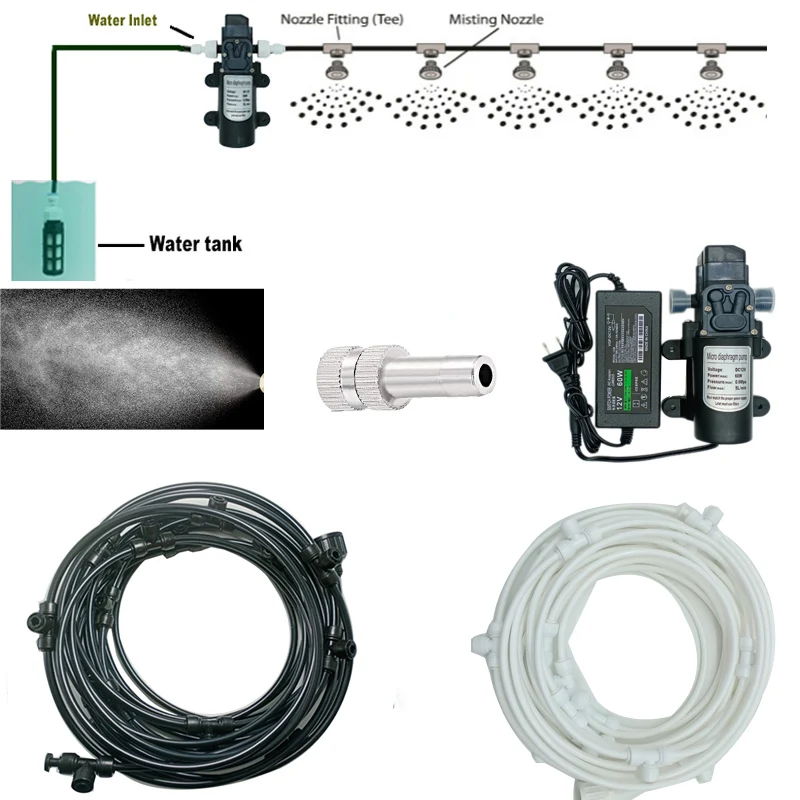 

12V 60W Pump Kits 6-18M Fine Misting Cooling System Quick Slip Nozzle Garden Irrigation Automatic Watering Kits Patio Greenhouse