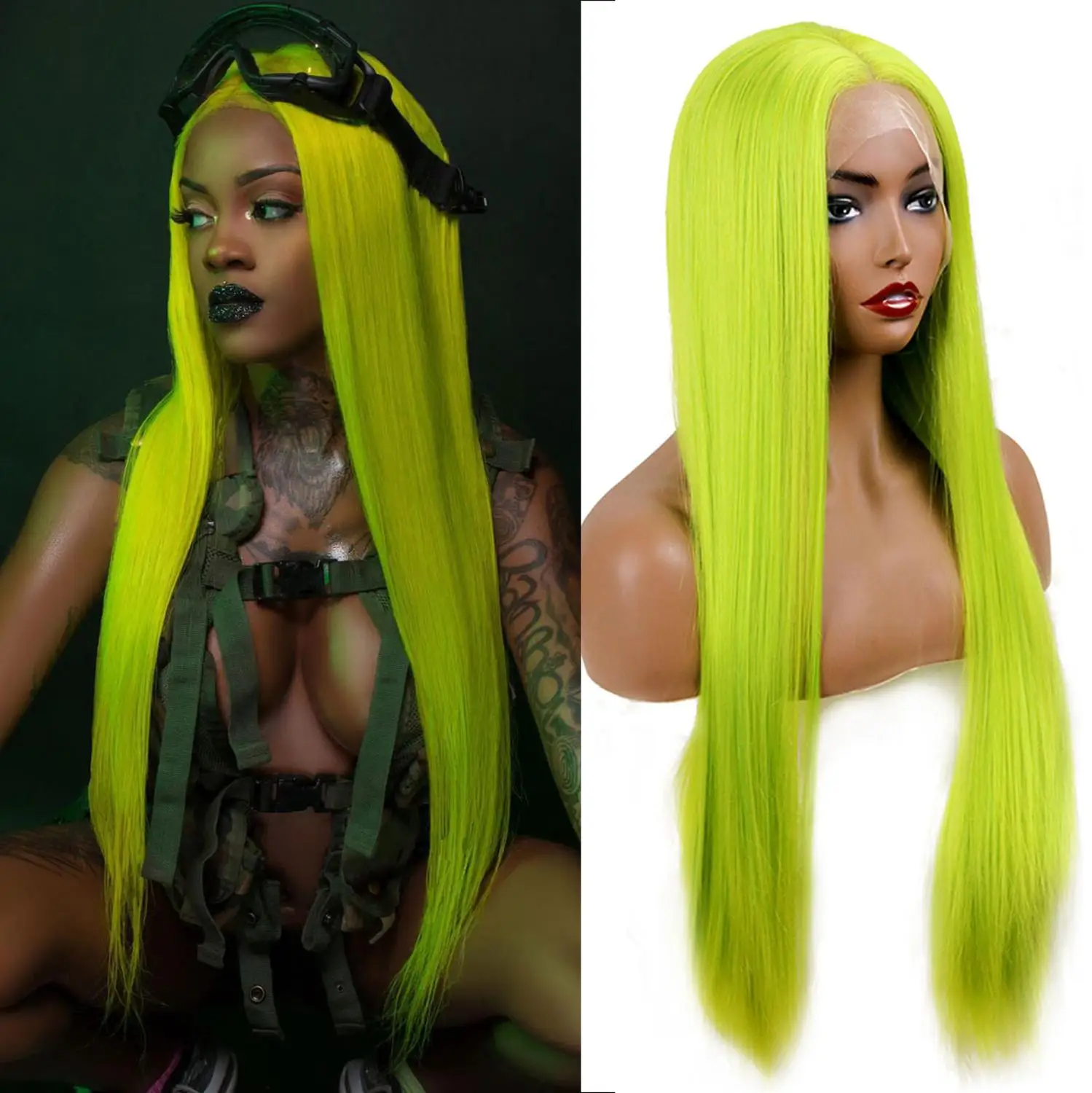Зеленый EEWIGS 2" длинные прямые волосы парики Glueless высокая температура неоновый зеленый синтетические парики на кружеве для черных женщин Drag queen - Цвет: Зеленый