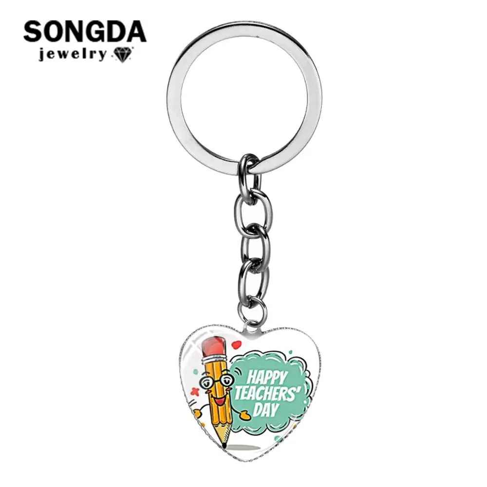 Спасибо учитель брелок мультфильм текстовые узоры Стекло арт сердце цепочка для