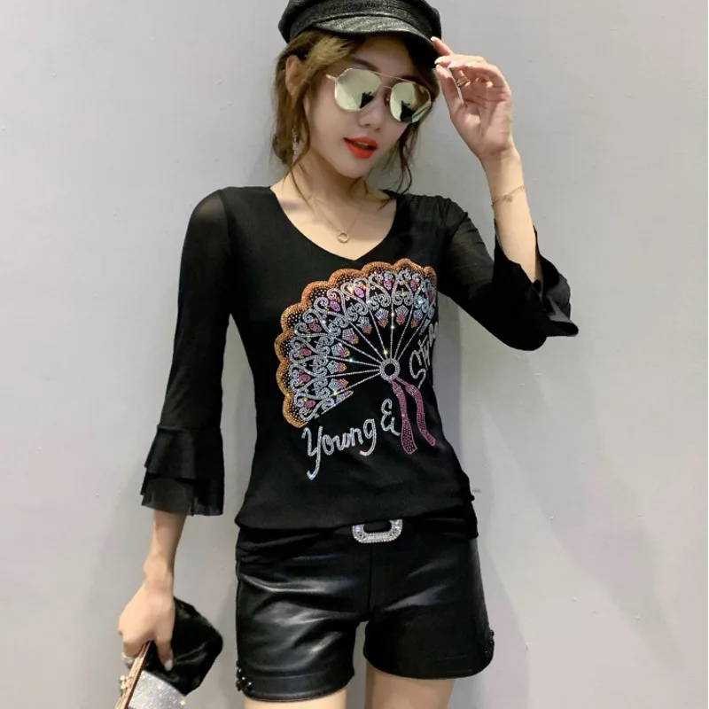 

#7203 Black Blue Red Mesh T Shirt Women With Diamonds Sexy Three Quarter Sleeve Women's T-shirt Slim Hollow Out Thin Tee Shirt