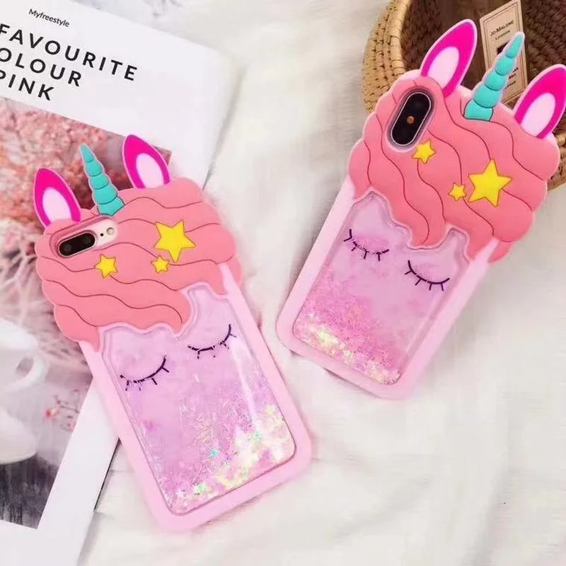 

3D Cartoon Pink Unicorn Quicksand Phone Case for Iphone 12 11Pro 7 8 6S 6 5S SE 2020 XS Max XR X Liquid Stars Back Cover Fundas