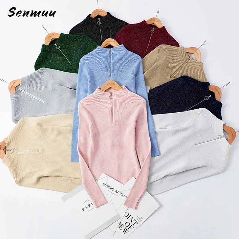 Ribbed Zip Front Mock Neck Sweater for Women Bandage Slim Pullovers Solid Color Long Sleeve Female Jumper Top Autumn Newest 2019 | Женская
