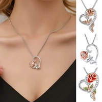 rose flower necklace for women charm love heart pendant necklace valentines day jewelry gifts romantic wedding necklace