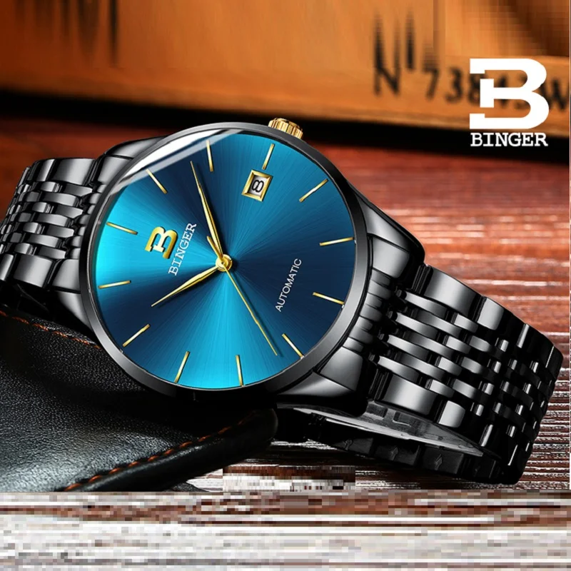 Швейцарские мужские деловые Автоматические наручные часы BINGER из нержавеющей