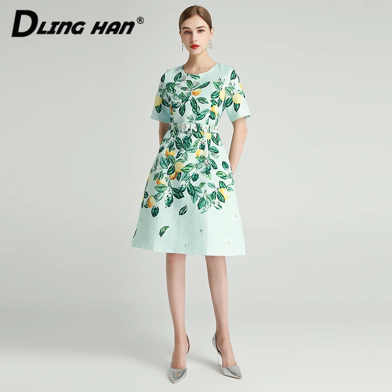 

DLINGHAN Fashion Lemon Print Dress Women's Short sleeve Beading Diamonds O-Neck Party Dresses Designer Spring New