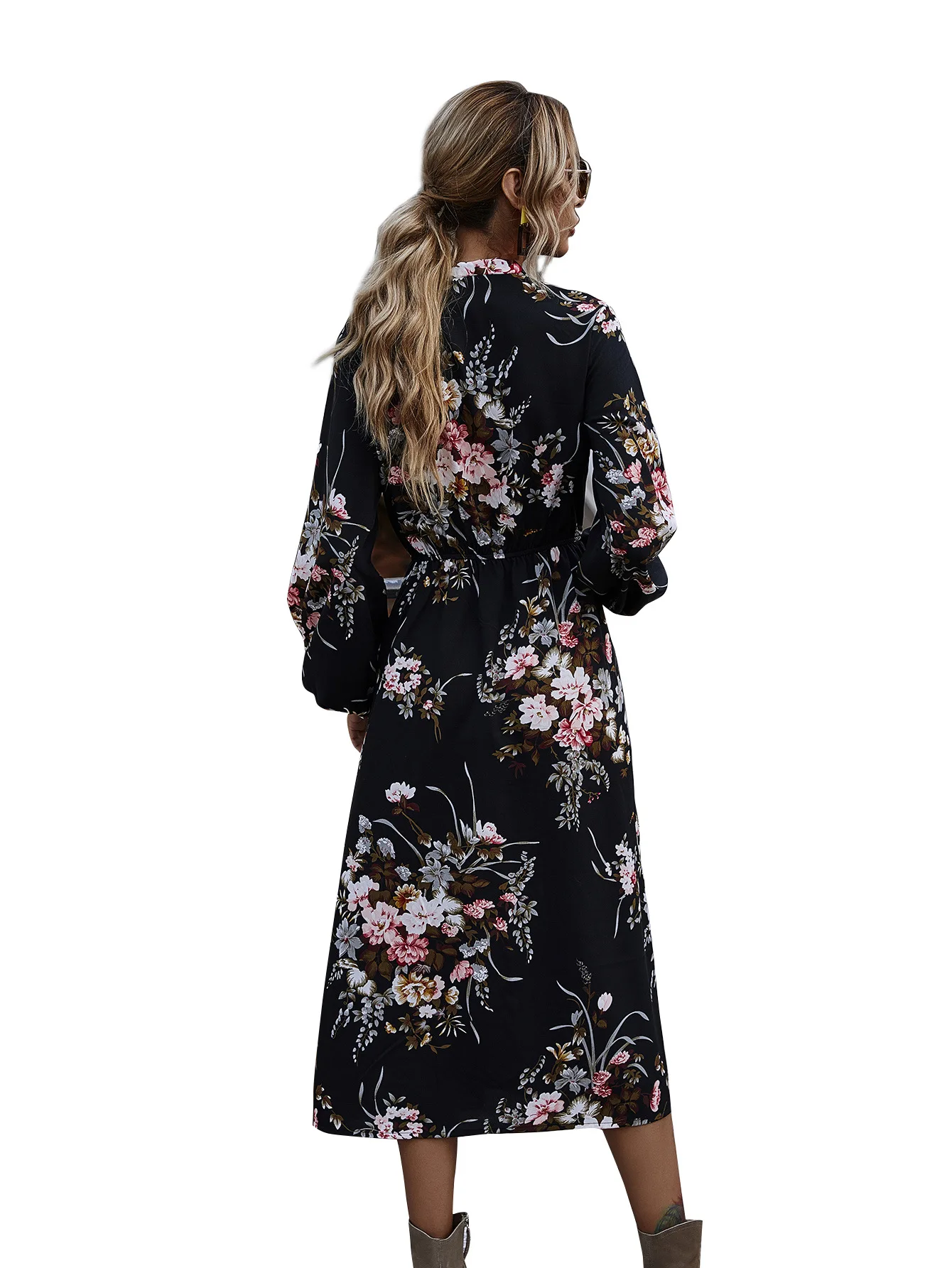 

Puff Sleeve Spring Autumn Floral Dress Women Casual Bow Stand Collar High Wasit Long Sleeve Dress 2021