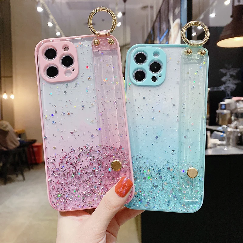 

Luxury Bling Glitter Wristband Silicone Phone Case For iPhone 13 12 11 Pro XS Max SE XR X 8 7 Plus Ultra-thin Cute Lanyard Cover