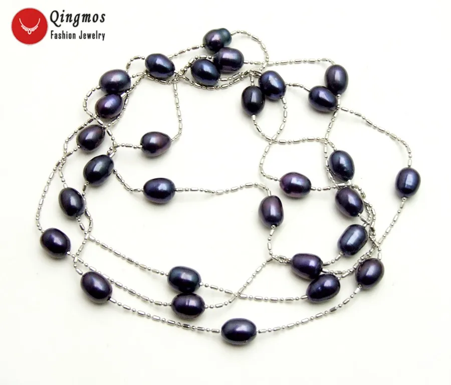 Qingmos Natural Black Pearl Necklace for Women with 6-7mm Rice Freshwater Float 46&quot Long Chain Fine Jewelry n6475 |