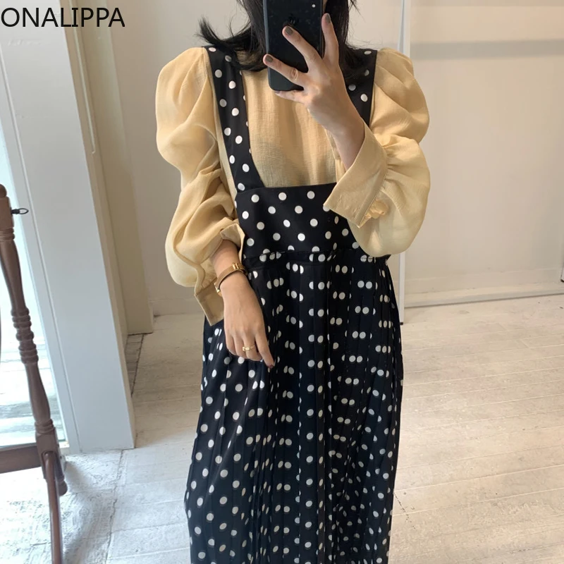 

ONALIPPA Autumn Chic Set Women Korea Temperament Micro-Transparent Luster Puff Sleeve Shirt Contrast Color Polka Dot Strap Dress