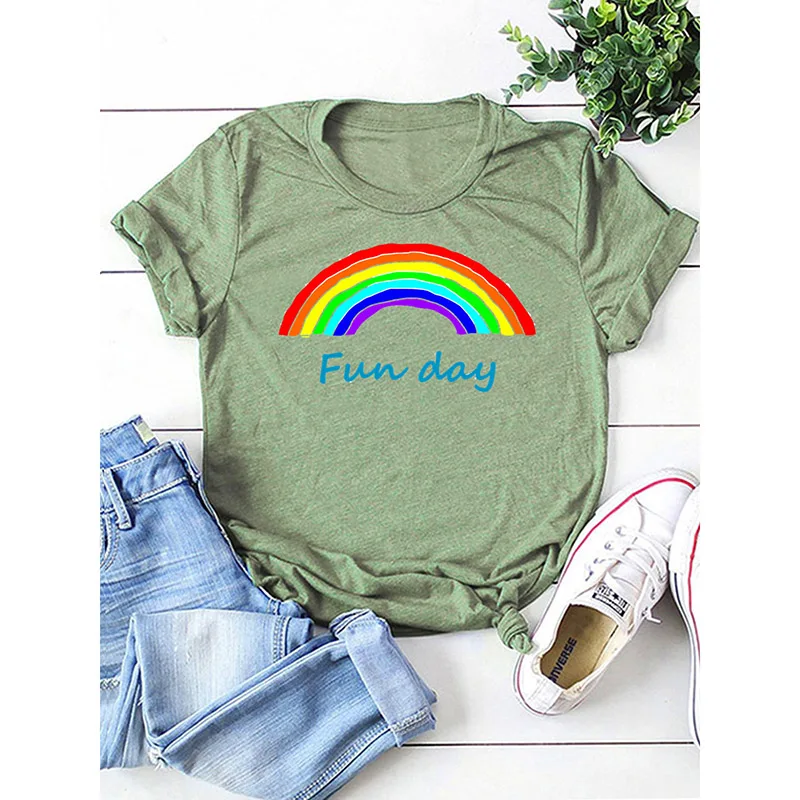 

2021 Women's Fashion Summer Casual Slim Comfortable Blouse Fun Rainbow Print Short Sleeve T-shirt Round Neck Tops
