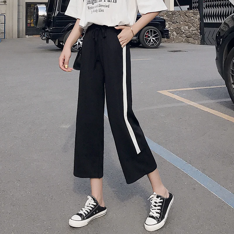 

Женские брюки с широкими штанинами, летние свободные Укороченные прямые брюки с высокой талией, тонкие шифоновые драпированные повседневн...