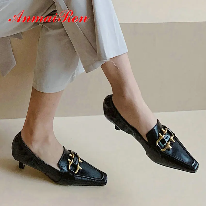 

ANMAIRON 2020 Slip-On Mules Elegant Wedding Shoes Genuine Leather Square Toe Thin Heels Metal Decoration Pumps Women Shoes 34-39