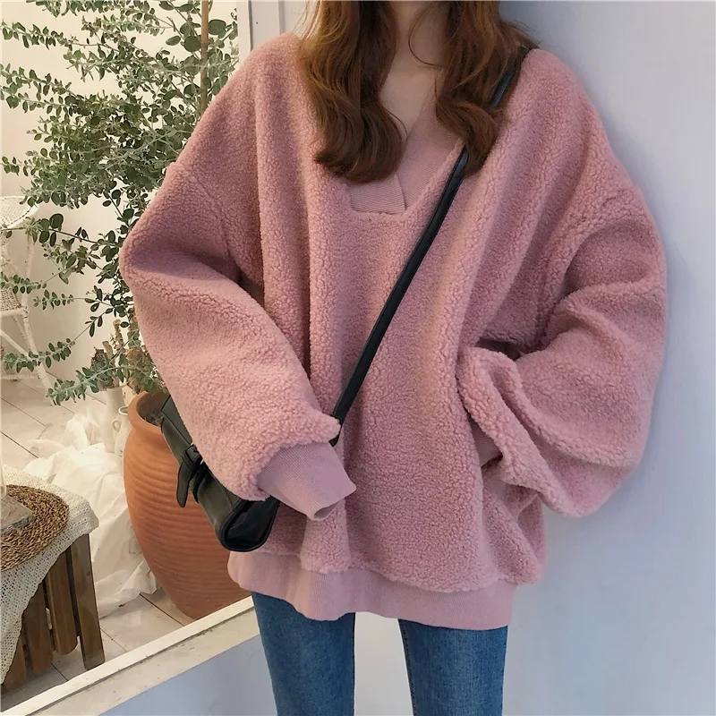 

Loose Women's Pullover Warm Faux Wool Hoodie Coat Outwear V-Neck Casual Tops