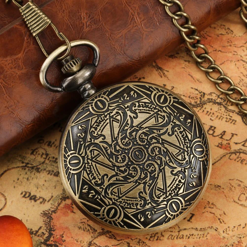 Vintage Pocket Watch Bronze Hollow Gear Engraving Pattern Quartz Pocket Watch Necklace Pendant Clock Chain Men Women Gift