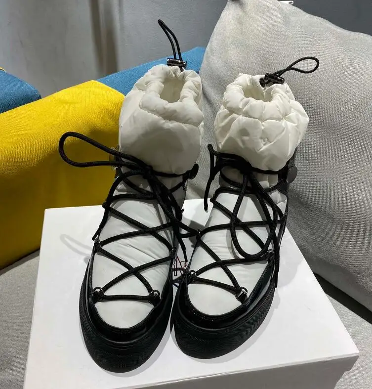 

Female Down Feather Warm Bootie Cross-tied Lace Up Black White Thick Sole Flat Platform Shoes Slip on Top Fashion Trendy Bota