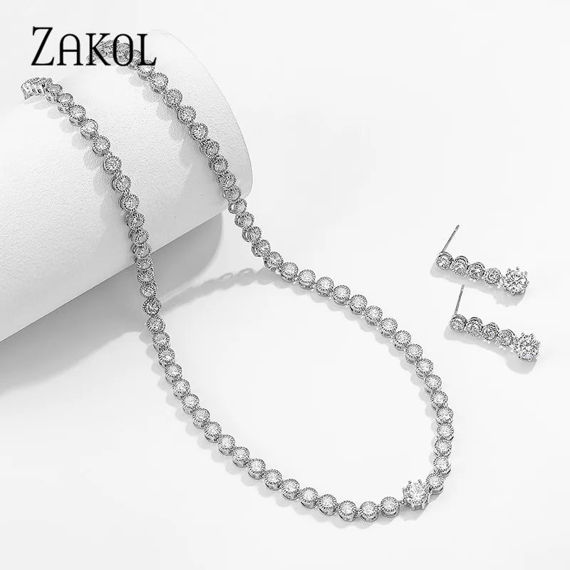 ZAKOL модные белые круглые кубические циркониевые серьги ожерелье Свадебные
