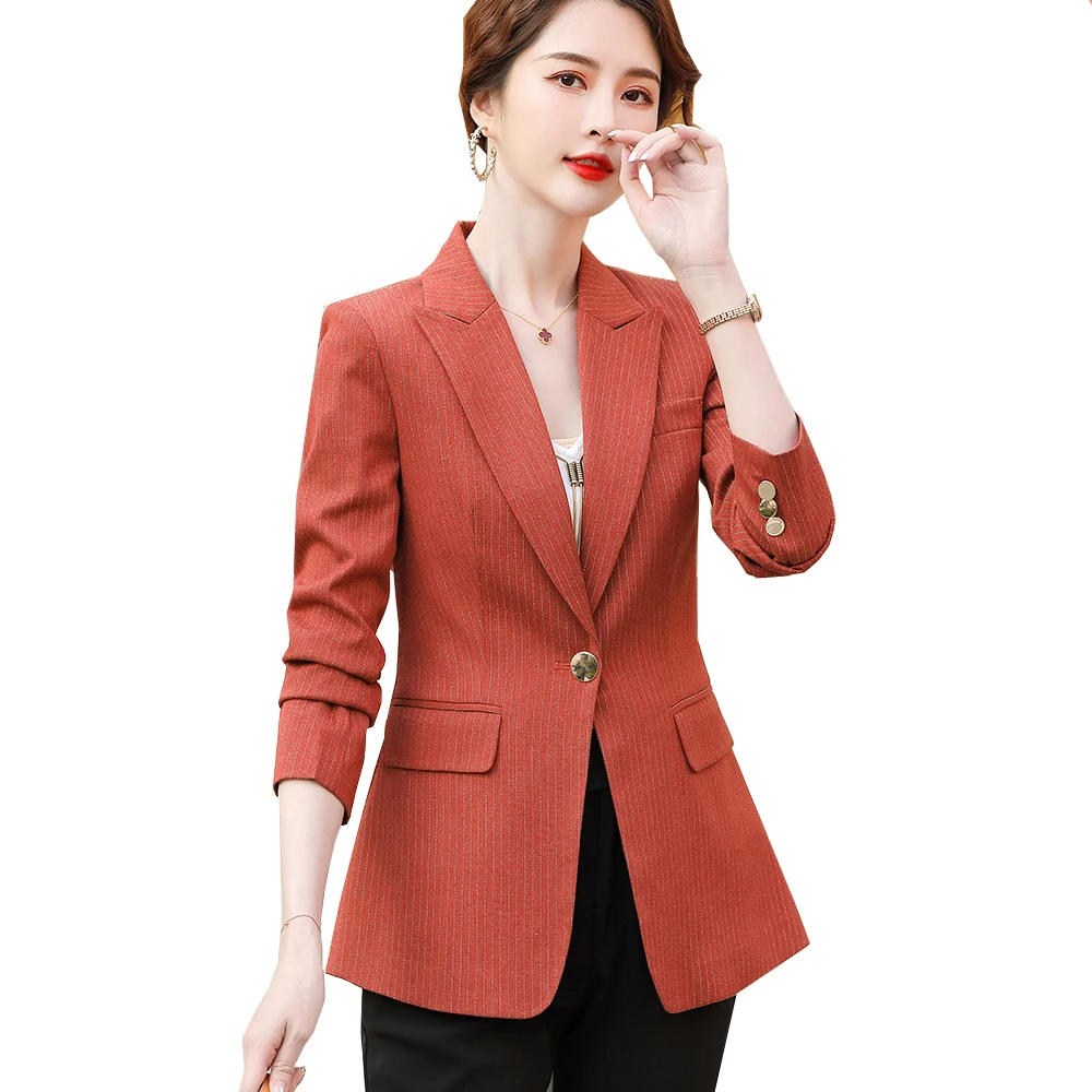 

New Arrival Spring Fall Women Red Black Gray Striped Blazer Ladies Female Slim Formal Business Jacket Coat Ladies Tops
