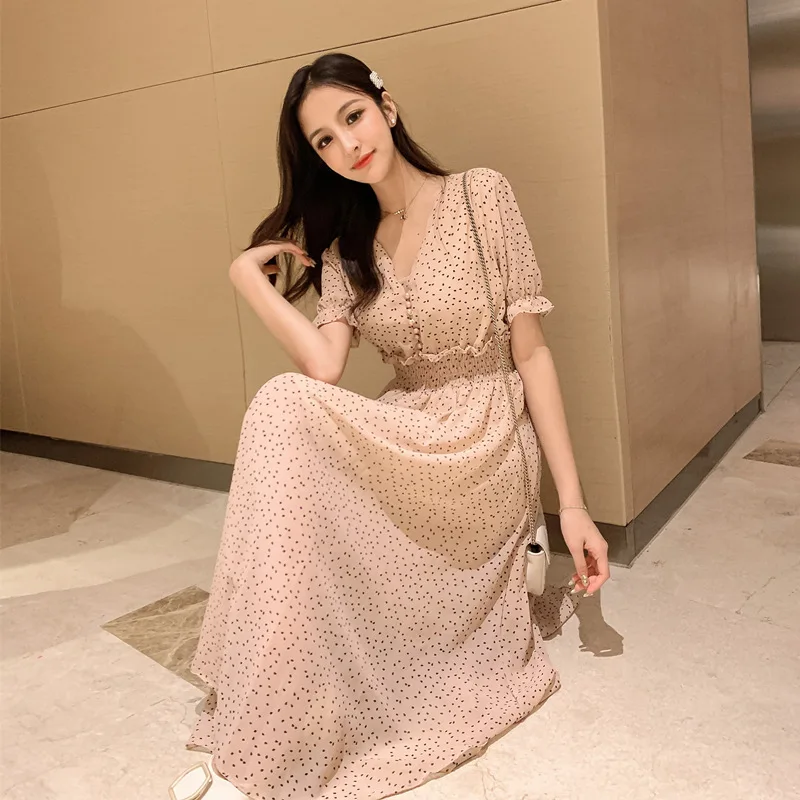 

MIOJIOTAXX 2021 Summer New V-neck Temperament French Niche Waist Show Thin Chiffon Super Fairy Sweet Elegant Women Dress Bigsize