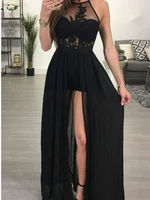 2020 sexy black evening dresses side split chiffon long prom gowns halter sheer with applique party dress cheap