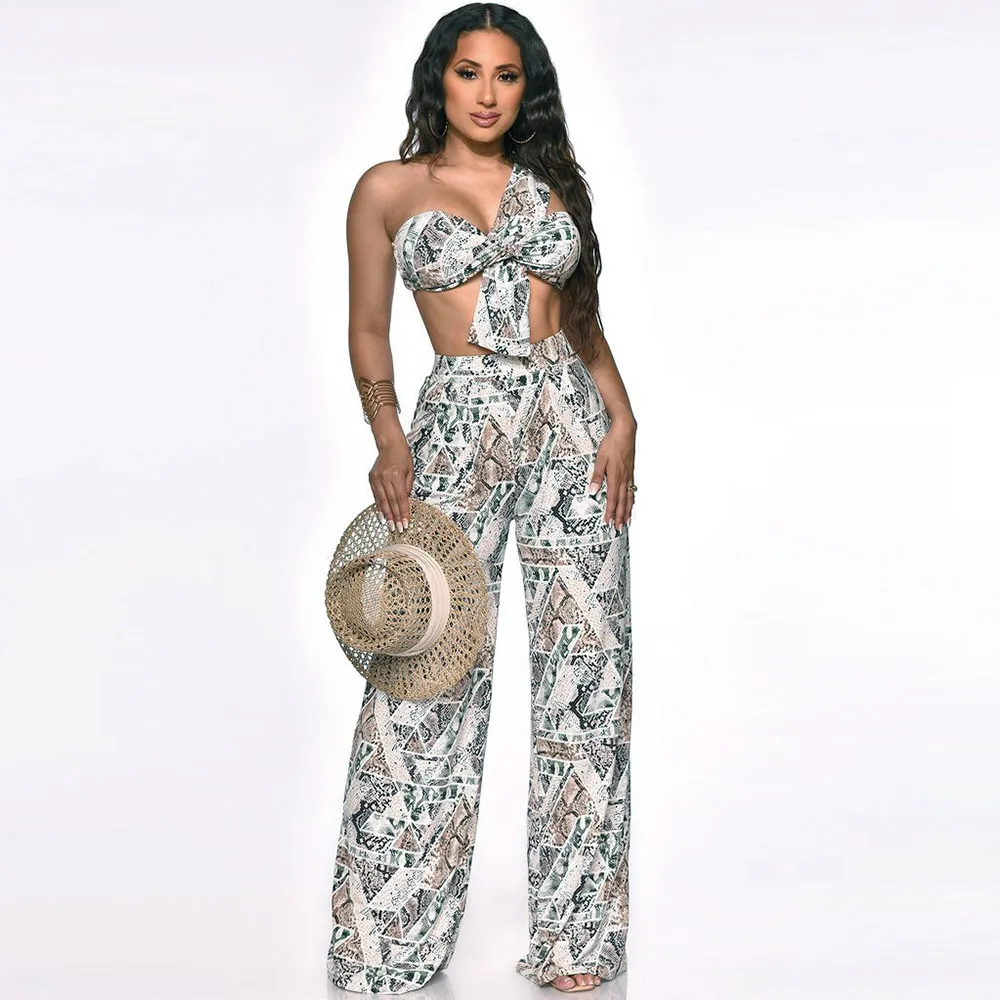 

One Shoulder Asymmetrical Two Piece Pant Suit Women Serpentine Print Backless Tank Top and Wide Leg Trouser Loungewear Outfits