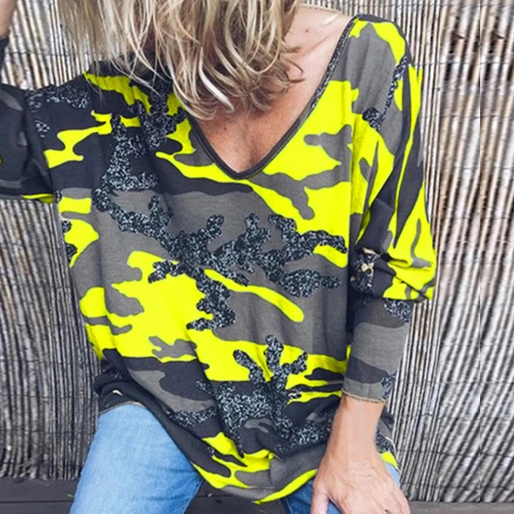 Осень 2020 свободные женские футболки с длинным рукавом камуфляжный принт